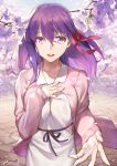  1girl :d artist_name bangs bianyuanqishi breasts cardigan day dress eyebrows_visible_through_hair fate/stay_night fate_(series) hair_between_eyes highres large_breasts long_hair looking_at_viewer matou_sakura open_cardigan open_clothes open_mouth outdoors outstretched_hand petals purple_flower purple_hair purple_ribbon ribbon signature smile solo teeth upper_body violet_eyes white_dress wind 