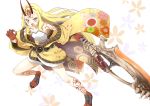  1girl blonde_hair bone commentary_request fate/grand_order fate_(series) gudon_(iukhzl) holding ibaraki_douji_(fate/grand_order) japanese_clothes long_hair looking_at_viewer oni_horns solo sword tattoo weapon yellow_eyes 