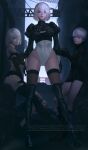  1boy 2girls absurdres black_clothes black_legwear blue_eyes boxer_briefs breasts cleavage cleavage_cutout dirty elbow_gloves feather-trimmed_sleeves gloves gluteal_fold hair_over_one_eye highres leotard looking_at_viewer mole mole_under_mouth multiple_girls nier_(series) nier_automata no_pants puffy_sleeves silver_hair sitting smile standing thaumazo thigh-highs thigh_gap underwear yorha_no._2_type_b yorha_no._9_type_s yorha_type_a_no._2 