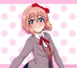  1girl absurdres artist_name blue_eyes blush bow brown_hair closed_mouth collared_shirt commentary doki_doki_literature_club hair_bow highres long_sleeves looking_at_viewer neck_ribbon pink_background polka_dot polka_dot_background red_ribbon ribbon sayori_(doki_doki_literature_club) school_uniform seityr shirt short_hair smile solo white_shirt 
