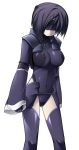  1girl black_hair covered_navel erect_nipples expressionless gloves hunched_over impossible_clothes katami_shinta original pale_skin short_hair skin_tight thigh-highs visor wide_sleeves 