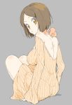  1girl absurdres bangs bare_shoulders blush breasts brown_eyes brown_hair closed_mouth donguri_suzume dress eyebrows_visible_through_hair full_body grey_background highres large_breasts long_sleeves looking_at_viewer looking_back open-back_dress orange_sweater parted_bangs short_hair simple_background sitting solo sweater sweater_vest 