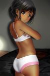  1girl ass black_eyes black_hair blush bra buruma dark_skin eyebrows_visible_through_hair highres looking_at_viewer matsunaga_kouyou original short_hair solo underwear underwear_only white_bra 