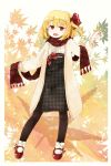  1girl alternate_costume black_legwear black_skirt blonde_hair coat commentary_request full_body hair_ribbon high-waist_skirt highres looking_at_viewer murani pantyhose plaid plaid_scarf red_eyes red_footwear red_ribbon red_scarf ribbon rumia scarf shoes skirt smile solo standing touhou 