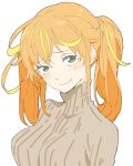  1girl absurdres bangs blush closed_mouth donguri_suzume eyebrows_visible_through_hair green_eyes grey_sweater head_tilt highres long_hair long_sleeves looking_at_viewer multicolored_hair orange_hair simple_background smile solo streaked_hair sweater turtleneck turtleneck_sweater upper_body white_background 