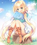 1girl :3 :d blonde_hair blue_sky blush boots clouds commentary_request convenient_leg day elf eyebrows_visible_through_hair eyes_visible_through_hair grass green_eyes hair_ribbon hug long_hair long_sleeves looking_at_viewer low_twintails open_mouth outdoors pointy_ears red_ribbon ribbon sazaki_ichiri sitting skirt sky slime smile solo tree_stump twintails very_long_hair white_skirt 