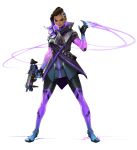  1girl absurdres alpha_transparency arnold_tsang asymmetrical_hair black_hair dark_skin eyeshadow fingernails full_body gun high_collar highres holding holding_gun holding_weapon lipstick long_fingernails looking_at_viewer machine_pistol makeup multicolored_hair official_art overwatch purple_hair purple_lipstick sharp_fingernails smile solo sombra_(overwatch) standing transparent_background two-tone_hair undercut weapon 