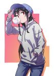  1girl baseball_cap black_hair blue_hat bubble_blowing chewing_gum denim grey_hoodie hair_between_eyes hand_in_pocket hat highres jeans long_hair long_sleeves looking_at_viewer noboriya original pants red_eyes sketch solo very_long_hair 