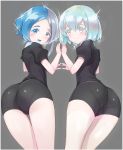  androgynous ass black_shorts blue_eyes blush closed_mouth commentary_request cowboy_shot debutya_aki diamond_(houseki_no_kuni) euclase_(houseki_no_kuni) eyebrows_visible_through_hair fingers_together from_behind grey_background grey_eyes heterochromia houseki_no_kuni legs_together looking_at_viewer looking_back multicolored_hair rainbow_hair shiny shiny_hair short_hair short_sleeves shorts silver_hair simple_background smile sparkle thigh-highs thigh_gap two-tone_hair uniform white_legwear 