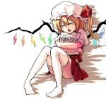  1girl closed_eyes flandre_scarlet hat koissa mob_cap pillow puffy_short_sleeves puffy_sleeves remilia_scarlet short_sleeves side_ponytail simple_background sitting sleeping solo thigh-highs touhou white_background white_legwear wings 