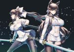  2girls aiguillette animal_ears artist_name atago_(azur_lane) azur_lane bangs black_background black_legwear bow breasts brown_eyes brown_hair closed_mouth commentary_request cowboy_shot double-breasted fighting_stance gloves gluteal_fold hair_bow hair_ribbon highres holding holding_sword holding_weapon itaco1987 katana large_breasts legs_apart long_hair long_sleeves looking_at_viewer military military_uniform miniskirt mole mole_under_eye multiple_girls panties panties_under_pantyhose pantyhose pantyshot pantyshot_(standing) parted_lips pleated_skirt ponytail profile ribbon sheath simple_background skirt smile standing sword takao_(azur_lane) thigh-highs thighband_pantyhose tsurime underwear uniform unsheathed upskirt very_long_hair weapon white_bow white_gloves white_panties white_ribbon white_skirt 