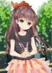  1girl alci-chan blurry blurry_background bow brown_hair day green_eyes hair_bow highres interlocked_fingers long_hair looking_at_viewer outdoors pink_skirt railing red_bow shirt skirt smile solo standing t-shirt tree 