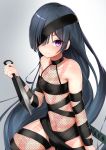  1girl absurdres black_hair blush breasts eyepatch fate/grand_order fate_(series) fishnets highres long_hair looking_at_viewer mochizuki_chiyome_(fate/grand_order) nanakaku reverse_grip smile snakeskin_print solo very_long_hair violet_eyes 