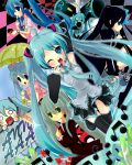  aqua_hair armpits black_hair black_rock_shooter black_rock_shooter_(character) blue_eyes blue_hair cake chain chains detached_sleeves dress eating food hachune_miku hatsune_miku headset koi_wa_sensou_(vocaloid) long_hair megaphone melt_(vocaloid) moorina necktie panties pastry saihate_(vocaloid) skirt spring_onion striped striped_panties thigh-highs thighhighs twintails umbrella underwear very_long_hair vocaloid wink world_is_mine_(vocaloid) zettai_ryouiki 