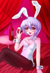   animal_ears blue_hair bottle rabbit_ears bunnysuit goblet kotonomiya_yuki pantyhose red_eyes shefu short_hair suigetsu wine  