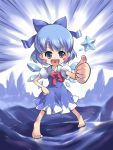  barefoot blue_eyes blue_hair blush_stickers cirno feet heart heart_in_mouth ice ice_sculpture morujii smile star thumbs_up touhou 