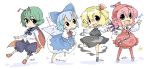  antennae barefoot blonde_hair blue_eyes blue_hair bow cape chibi cirno dress green_eyes green_hair hair_bow ice multiple_girls musical_note mystia_lorelei oekaki open_mouth pink_hair red_eyes rumia sasurai shoes short_hair socks team_9 thighhighs touhou wings wink wriggle_nightbug 