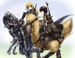  armor barding blonde_hair blue_eyes boots brown_eyes brown_hair cavalry chocobo dinosaur final_fantasy gloves gun heart long_hair moneybag nounanka riding rifle short_hair sword weapon 