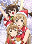  \o/ ahoge antlers arms_up bell brown_eyes brown_hair christmas fujioka-kuma hat long_hair minami-ke minami_chiaki minami_haruka minami_kana multiple_girls outstretched_arms santa_costume santa_hat siblings sisters twintails ueyama_michirou 