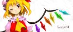  blonde_hair blush character_name flandre_scarlet hat lips oso oso_(toolate) rainbow_order red_eyes side_ponytail solo touhou white_background wings wink 