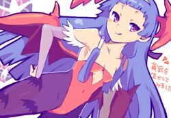  1girl bat_wings bats blue_hair blunt_bangs blush cosplay darkstalkers detached_sleeves dutch_angle flat_chest hairband kannagi leotard lilith_aensland lilith_aensland_(cosplay) nagi pantyhose ro_(igris-geo) sidenote solo succubus tights tongue vampire_(game) vampire_savior violet_eyes wings 