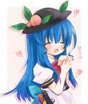  blue_hair closed_eyes eating food fruit happy hat heart hinanawi_tenshi holding holding_fruit long_hair open_mouth peach peaches smile touhou 
