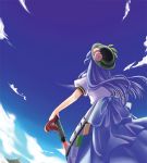  blue_hair cloud clouds food from_behind fruit hands_on_hilt hat hinanawi_tenshi leaf long_hair mikagami_hiyori peach peaches sky sword sword_of_hisou touhou weapon 