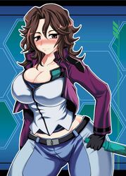  bottle breasts brown_eyes brown_hair cleavage gundam gundam_00 hasekura_noizu large_breasts long_hair noize pants sumeragi_lee_noriega 