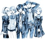  air_bite arisato_minato baseball_cap belt blue bowtie cardigan collar earphones fujico hat iori_junpei jeans miniskirt monochrome pants pantyhose persona persona_3 s.e.e.s school_uniform skirt takeba_yukari thighhighs yamagishi_fuuka zettai_ryouiki 