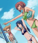  \o/ aisaka_taiga alternate_hairstyle arms_behind_head arms_up ball beach_volleyball bikini blonde_hair blue_hair breasts cleavage double_bun dutch_angle imo_works kawashima_ami kushieda_minori long_hair midriff multiple_girls navel o_o one-piece_swimsuit open_mouth outdoors outstretched_arms pointing ponytail red_hair short_hair sitting smile swimsuit toradora! volleyball whistle 
