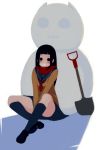 black_hair long_hair oboru_konbu original scarf school_uniform shovel skirt smile snowman socks worktool 