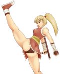  black_panties blonde_hair blush brown_eyes dress fingerless_gloves genryuusai_maki gloves high_kick kick kicking maki maki_(final_fight) panties pantyshot pantyshot_(standing) ponytail rirakukan shoes sneakers standing street_fighter tonfa underwear weapon 