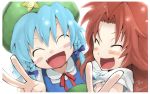  ? alternate_hairstyle blush braid cirno fang friends hong_meiling morino_hon multiple_girls smile touhou twin_braids v wallpaper ⑨ 