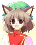  brown_hair cat_ears chen dokkoi earrings fang hat jewelry lowres red_eyes touhou 