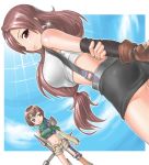  2girls :3 ass bare_shoulders breasts brown_hair earrings final_fantasy final_fantasy_vii fingerless_gloves green_eyes highres lips long_hair looking_at_viewer looking_back midriff multiple_girls ninja red_eyes shorts shuriken sleeveless sleeveless_turtleneck smile sparkle suspenders takeoutservice tifa_lockhart turtleneck weapon yuffie_kisaragi 