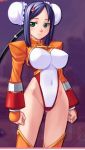  arcana_heart armor blue_hair blush breasts bun_cover cable clenched_hands crop_top double_bun erect_nipples fang green_eyes hair_buns hair_ornament hairclip highleg impossible_clothes in-game jacket large_breasts leotard long_hair lowres mei-fang mizuki_gyokuran navel official_art orange_legwear short_hair skin_tight smile solo standing thighhighs thighs twintails 