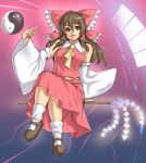  bow brown_eyes brown_hair detached_sleeves gohei hair_bow hair_ribbon hakurei_reimu houtengeki japanese_clothes mary_janes midriff miko navel ofuda ribbon shoes skirt touhou yin_yang 