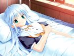  blue_hair blush game_cg green_eyes long_hair lying mizumori_minami soshite_ashita_no_sekai_yori ueda_ryou 