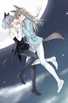  animal_ears as-special black_legwear blue_eyes eila_ilmatar_juutilainen feet green_eyes hand_holding highres holding_hands long_hair moon multiple_girls pantyhose sanya_v_litvyak satou_atsuki silver_hair star stars strike_witches tail white_legwear white_pantyhose 