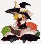  apron blonde_hair book hand_on_hat hand_on_head hat indian_style iwamoto_james kirisame_marisa long_sleeves pillow reading scarf simple_background sitting socks solo striped striped_socks touhou witch witch_hat yellow_eyes 