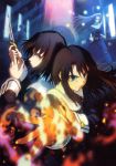  black_hair blue_eyes brown_eyes fire hairband highres kara_no_kyoukai knife kokutou_azaka kurogiri_satsuki long_hair nun official_art ouji_misaya purple_hair ryougi_shiki short_hair single_glove weapon 