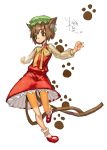  brown_eyes brown_hair cat_ears cat_tail chen chomoran dress earrings hat highres jewelry multiple_tails paw_print short_hair solo tail touhou 