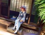  clog_sandals hat hitodama japanese_clothes kamisakai kimono pink_eyes pink_hair porch saigyouji_yuyuko short_hair sitting tabi touhou veranda 