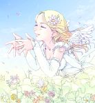  angel_wings blonde_hair closed_eyes copyright_request elbow_gloves eyes_closed fingerless_gloves flower frills gloves hair_flower hair_ornament petals smile solo une wings 