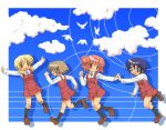  birds cloud clouds hand_holding hidamari_sketch highres hiro holding_hands miyako rokko running sae sky yuno 