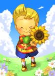  blonde_hair closed_eyes cloud flower lucas male mother mother_(game) mother_3 shirt shoes shorts smile sneakers solo striped striped_shirt sunflower 