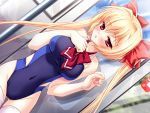  blonde_hair blush competition_swimsuit dutch_angle game_cg long_hair one-piece_swimsuit red_eyes sukumizu_chikan_densha swimsuit thigh-highs thighhighs twintails 