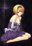  bare_shoulders blonde_hair blue_eyes bow breast_hold collarbone dress elbow_gloves frills gloves gundam gundam_00 hairband high_heels kneeling knees legs louise_halevy nekobabotan plaid_skirt pleated_skirt purple_dress ribbon shoes short_hair skirt tartan 