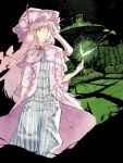  acrylic_paint_(medium) black_background chomoran cloak dress hat long_hair millipen_(medium) patchouli_knowledge pink_hair purple_eyes ruins solo striped touhou traditional_media 