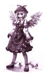  bird birds graphite_(medium) highres kamisakai monochrome mystia_lorelei pantyhose skirt skirt_set solo sparrow standing touhou traditional_media winged_shoes wings 